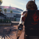 The back of Cyberpunk 2077's Johnny Silverhand as he walks through Night City.